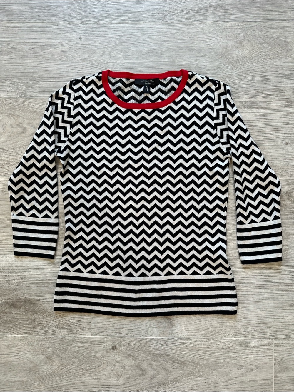 Weekend Max Mara Silk Cotton Chevron Sweater Knit Top Black White Red Size Small